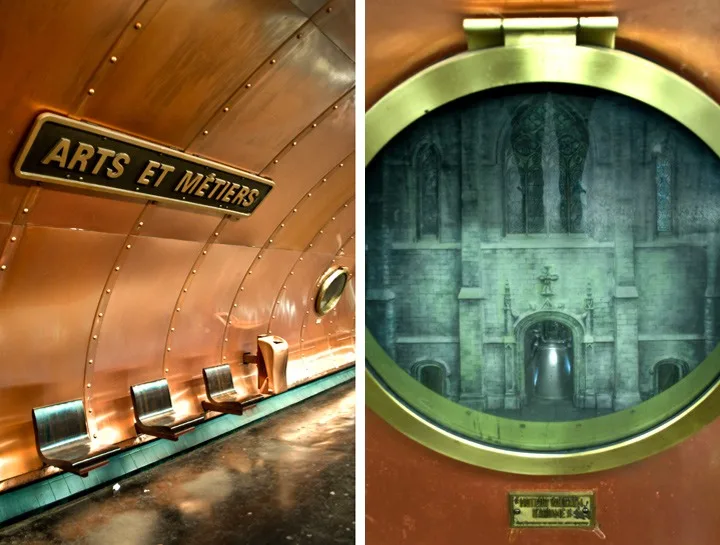 Submarine-style portholes and wooden chairs at Paris steampunk Metro station