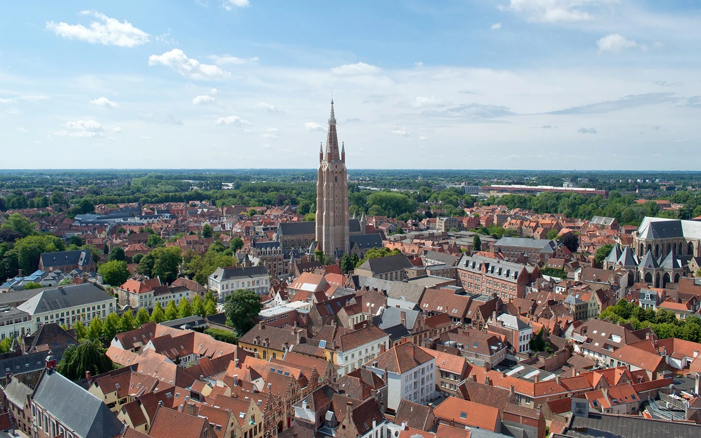 The Church of Our Lady as seen from the top of the Belfort tower in Bruges, Belgium