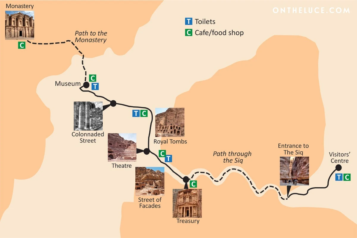 Map of visiting Petra, Jordan featuring the main sights