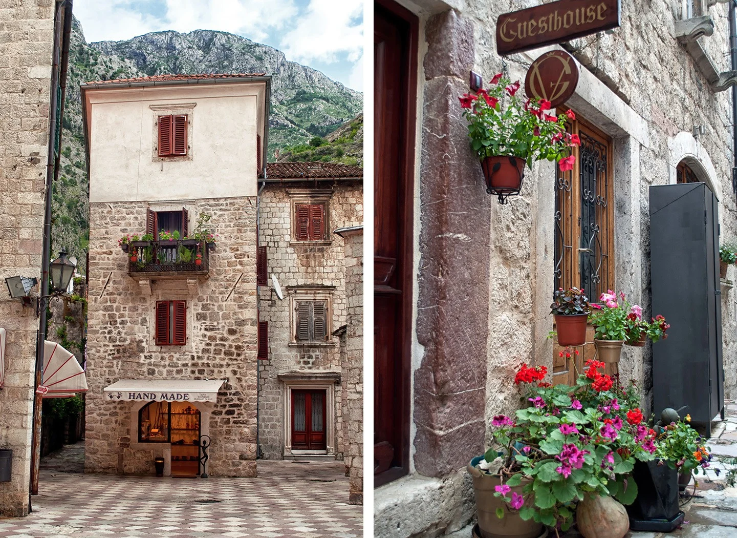 Old buildings and pots of flowers in Kotor Montenegro