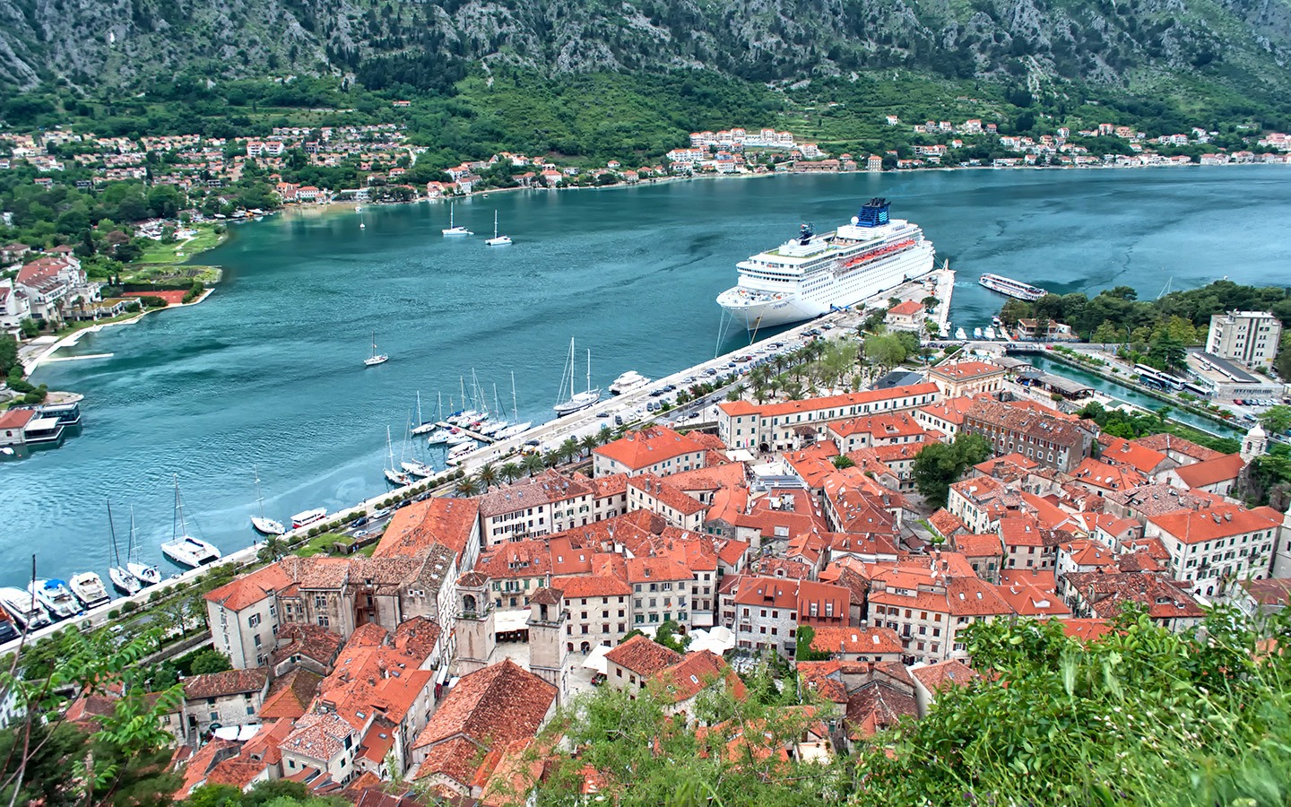 Views of Kotor old town from the walk up the city walls