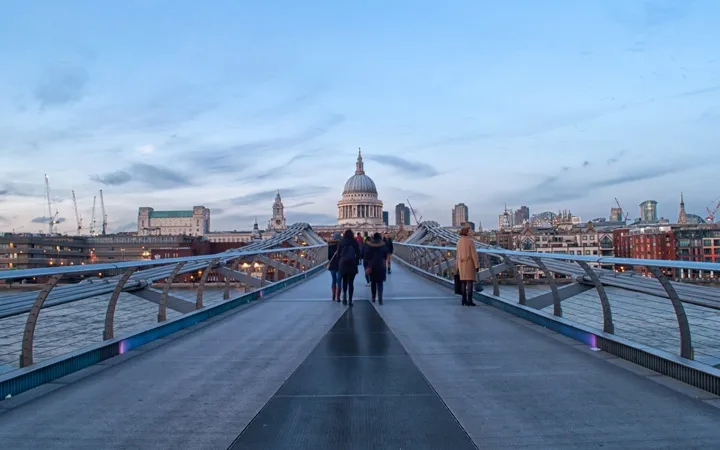 Millennium Bridge, London's South Bank at dusk