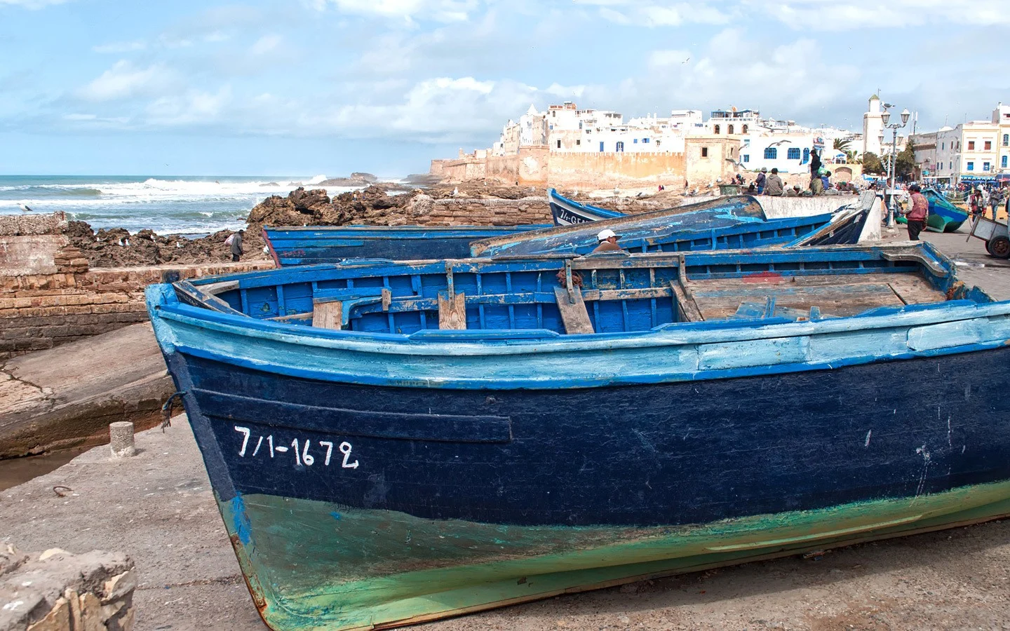 Blue boats in Essaouira port, Morocco