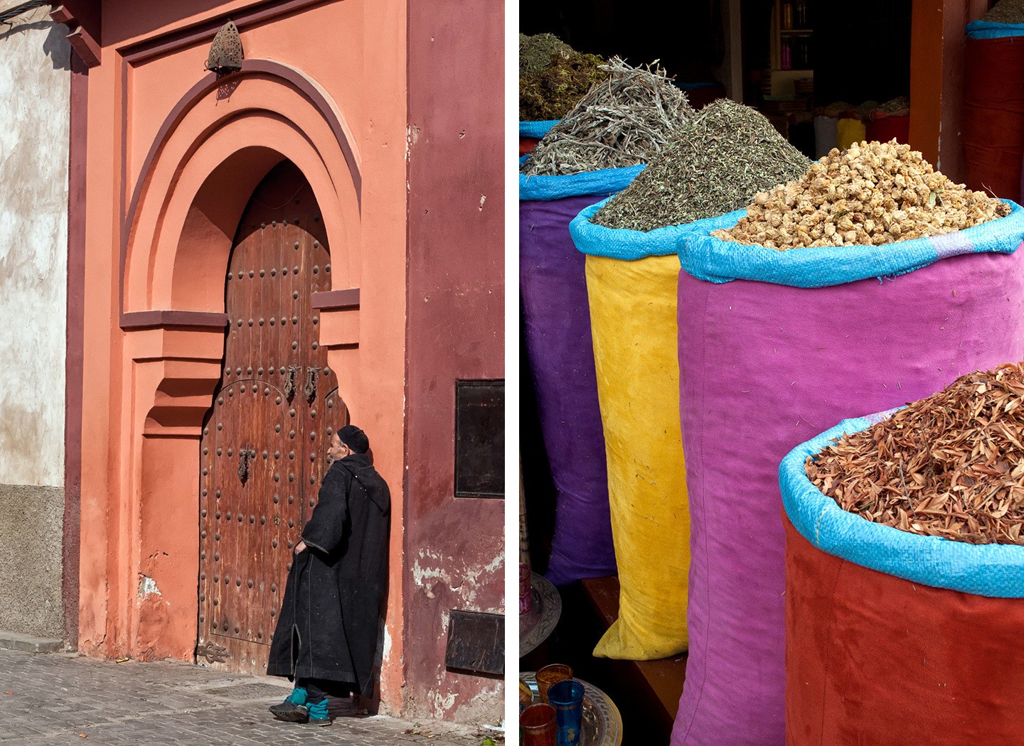 Colourful spices and doorways in the souk, Marrakech