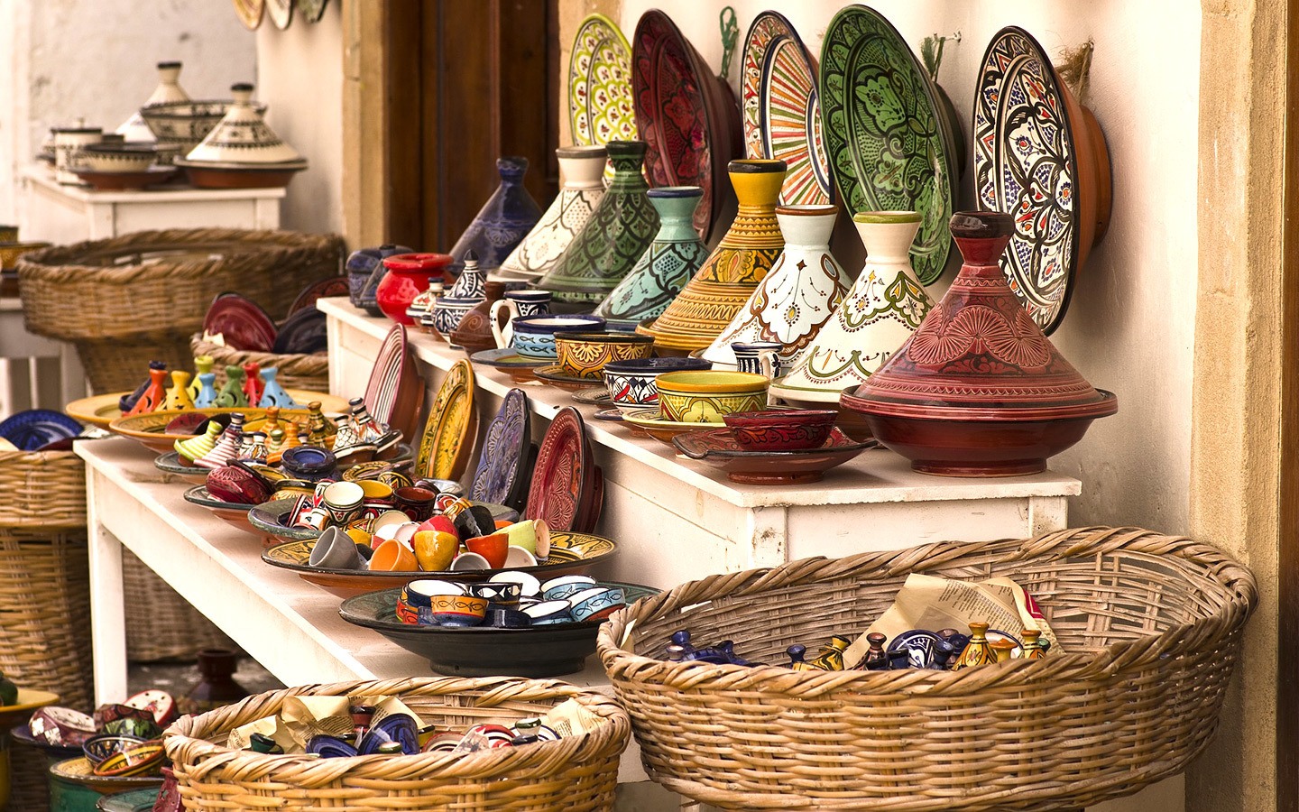Colourful tagines for sale in the Marrakech souks