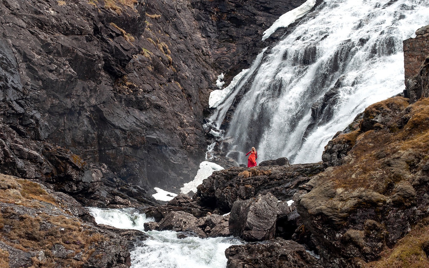 Kjosfossen waterfall on the Flam Railway in the Norwegian fjords