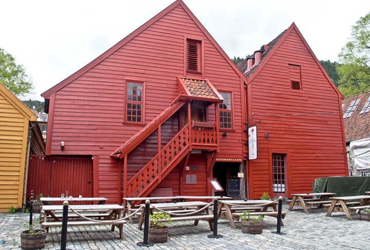 Red buildings in Bryggen, Bergen Norway