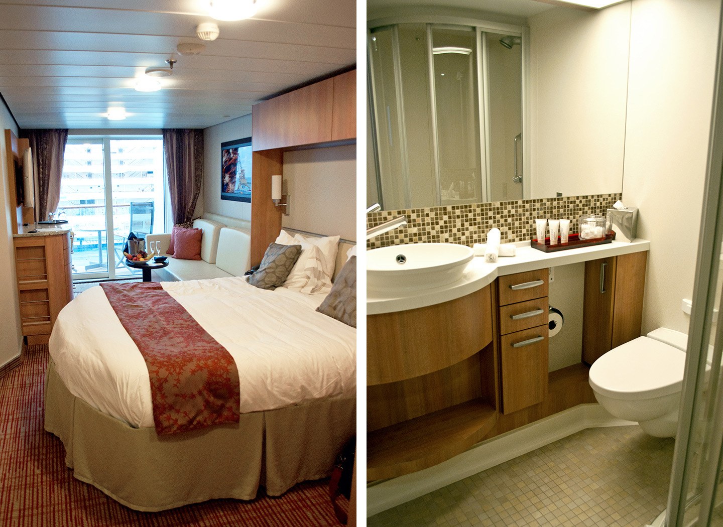 Balcony stateroom bedroom and en suite bathroom on Celebrity Equinox