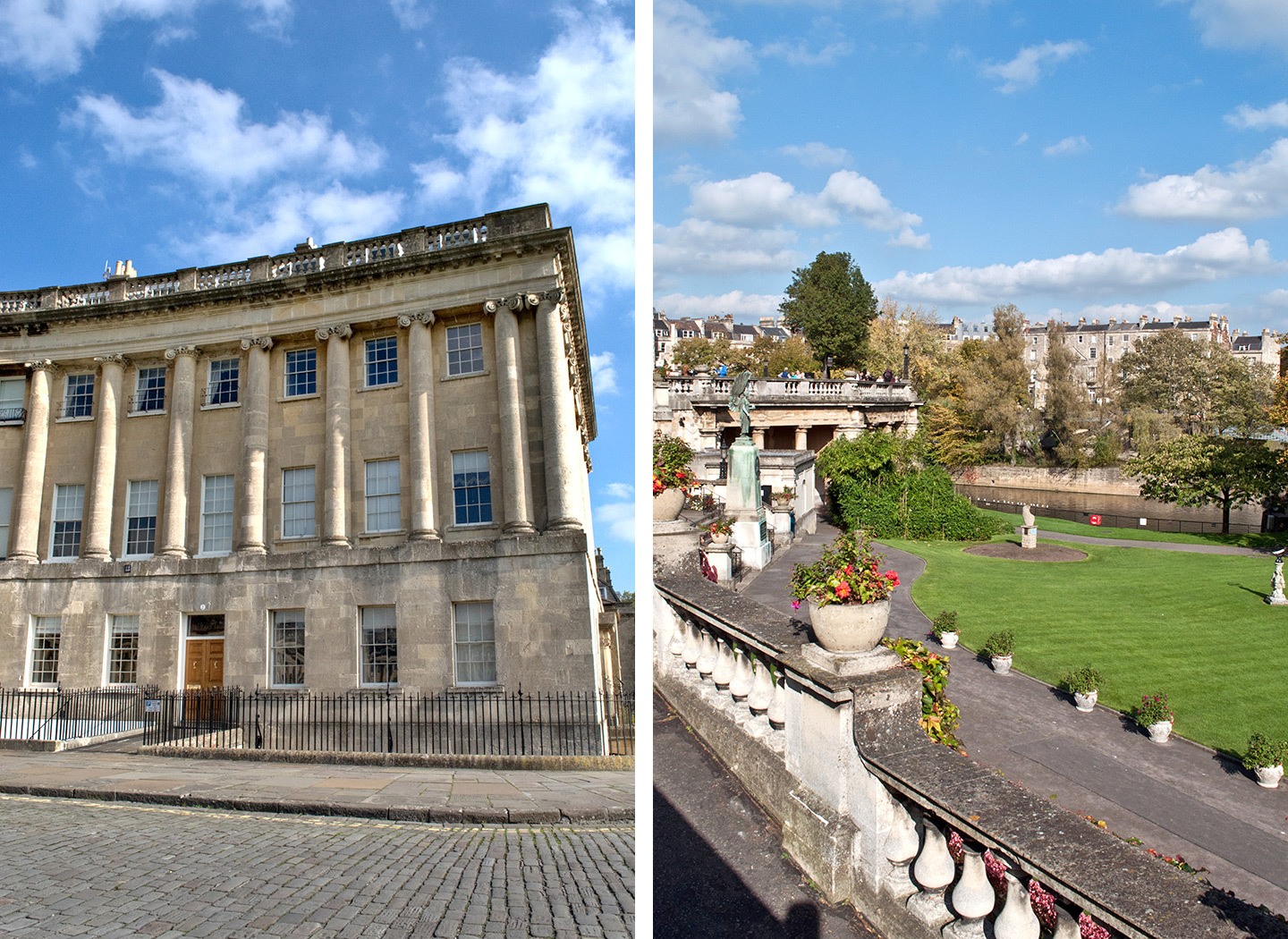 Number 1 Royal Crescent and the Parade Gardens in Bath