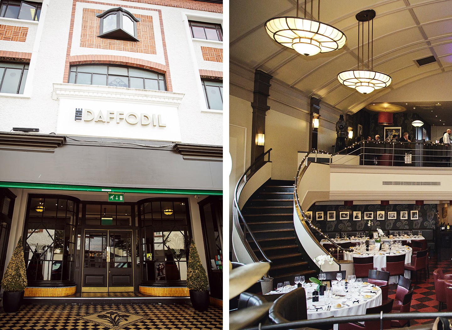 Exterior and interior of the Daffodil art deco restaurant in Cheltenham