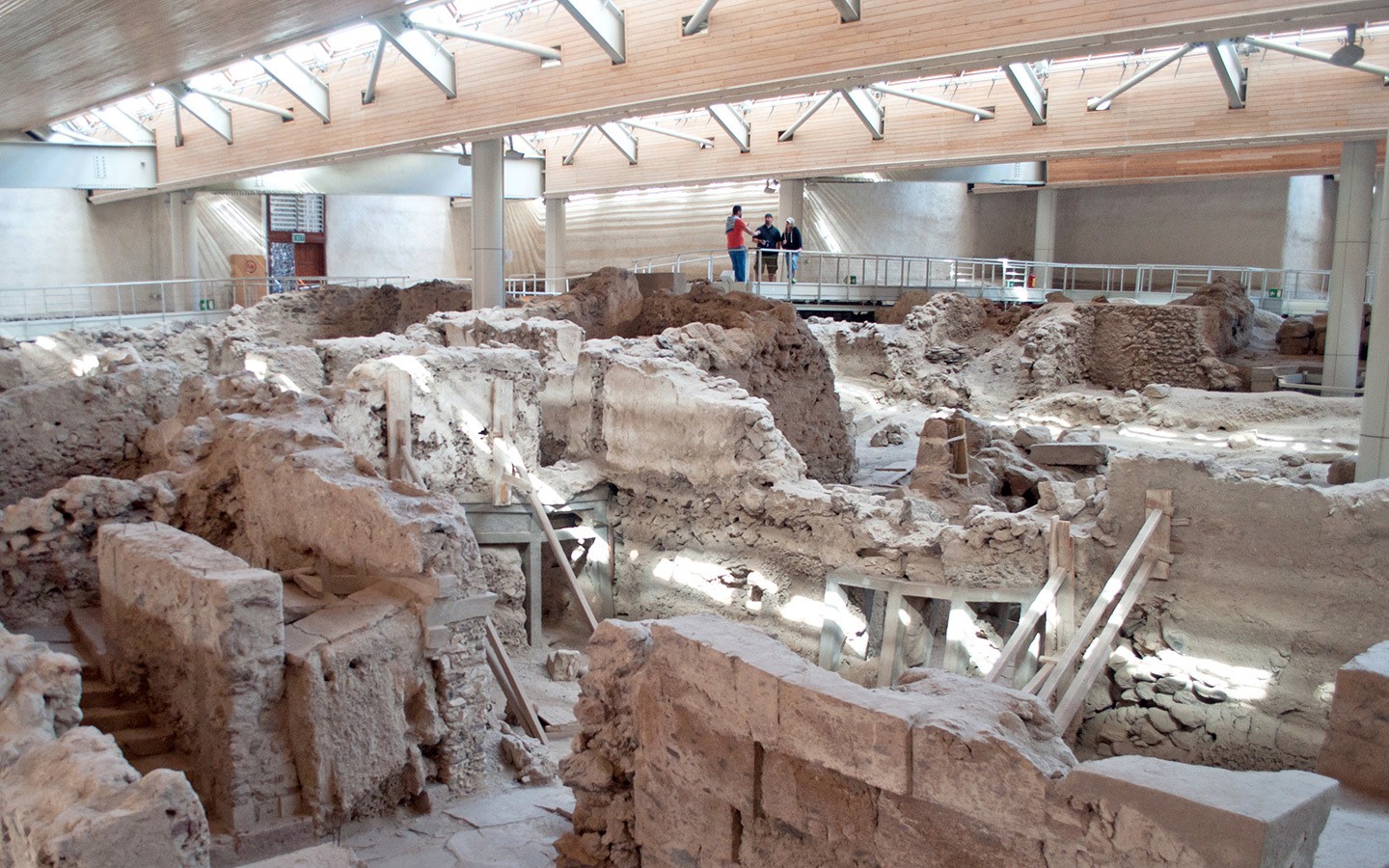 Ruined buildings at the Akrotiri archaeological site