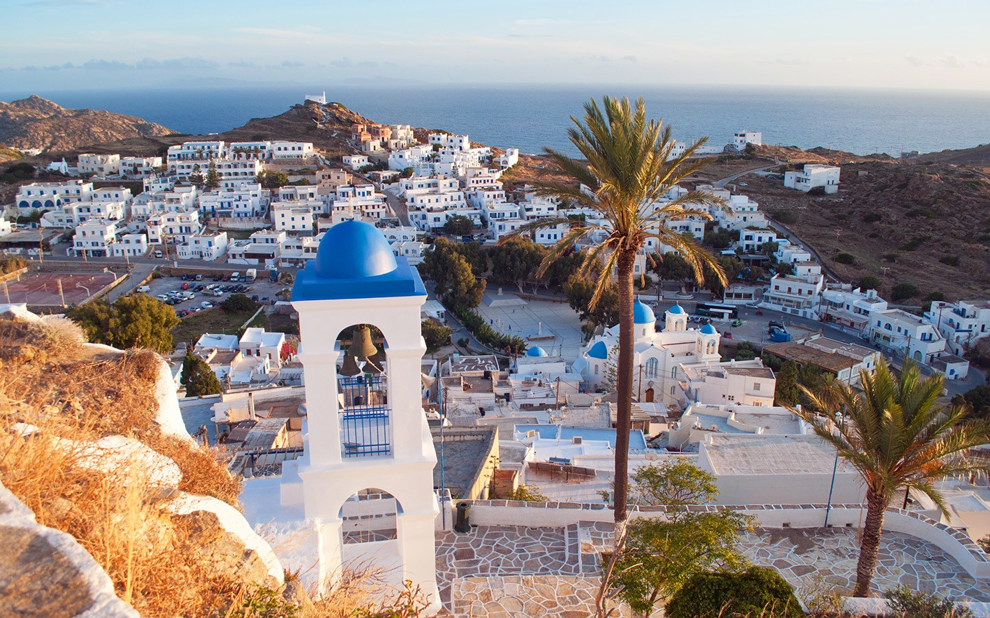 Sunset over the town of Chora in Ios, Greece