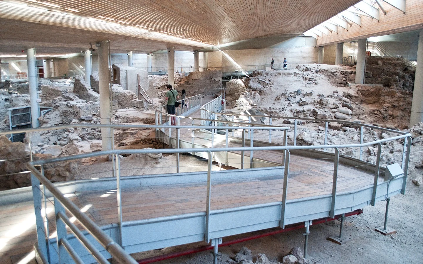 Walkways through the ruins at Akrotiri Santorini