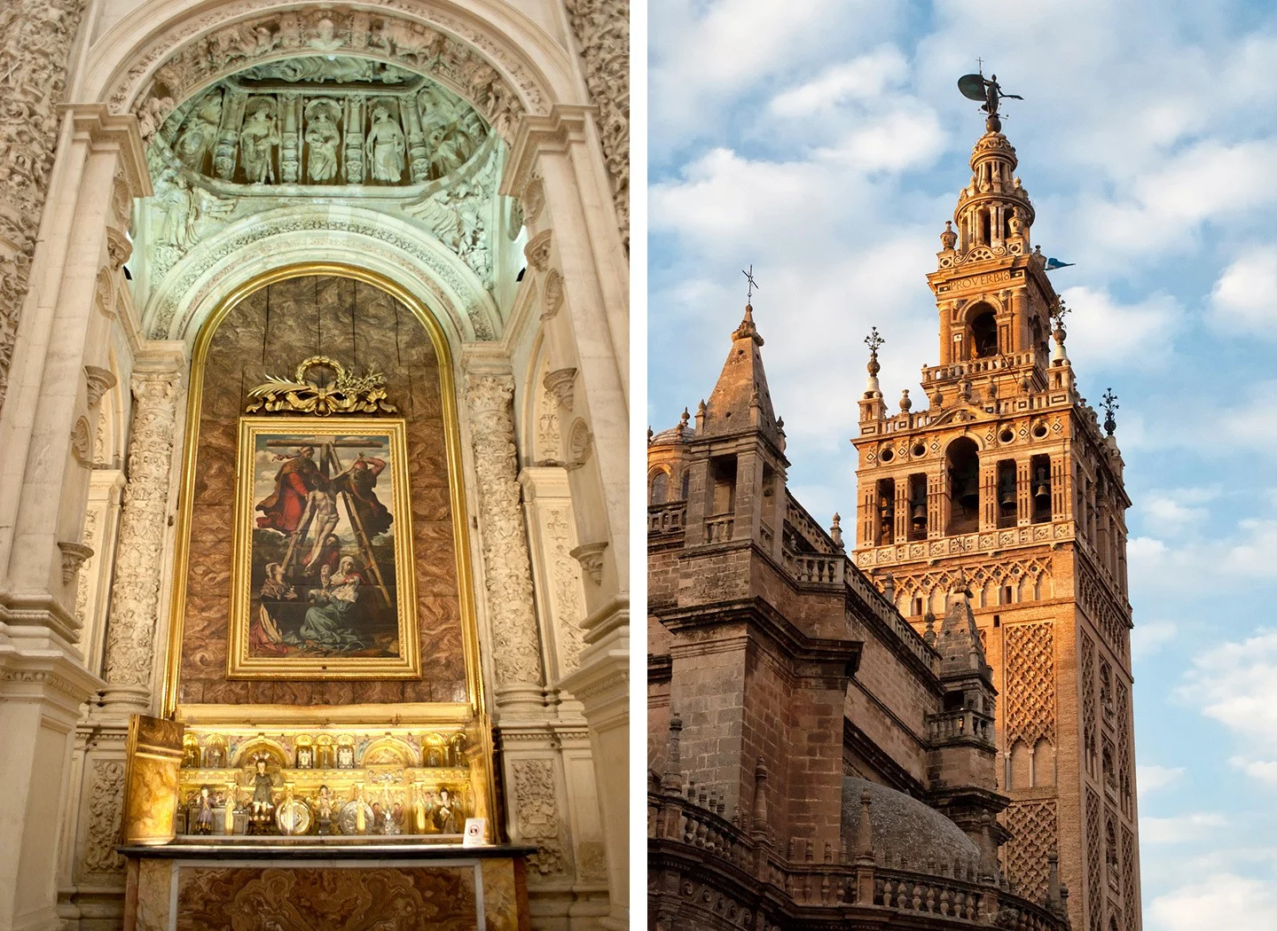 Seville cathedral interior and the Giralda bell tower