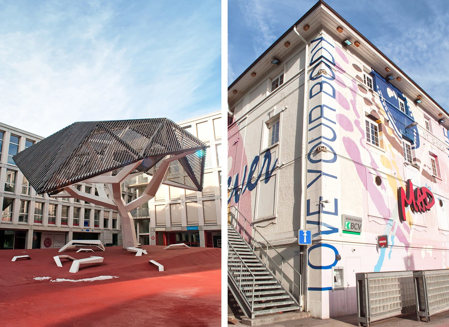 Modern art in Flon district of Lausanne, Switzerland