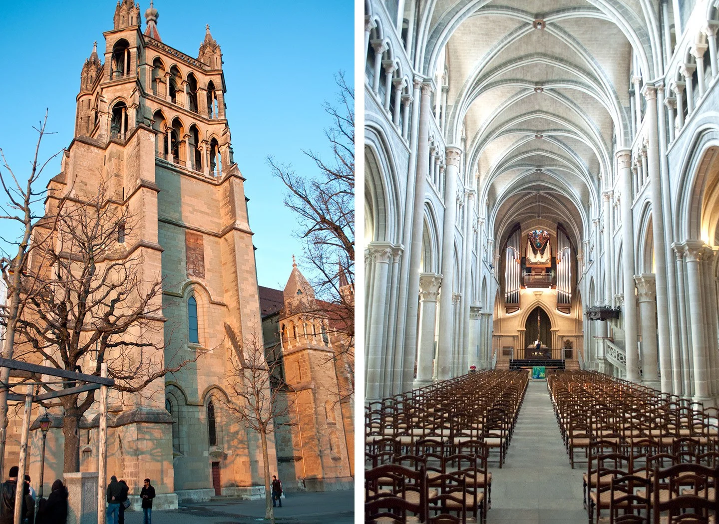 Inside and outside Lausanne cathedral in Switzerland