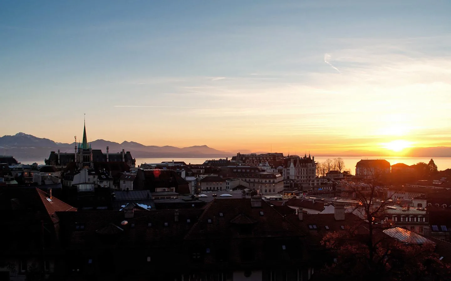 Sunset over Lausanne from outside the cathedral