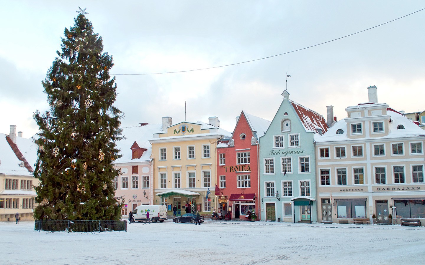 Pastel-coloured merchants' houses in the old town square in Tallinn Estonia