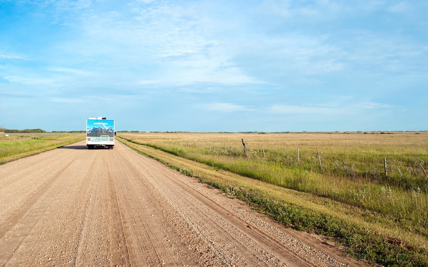 RVing in Canada on an unsealed road in the Prairies