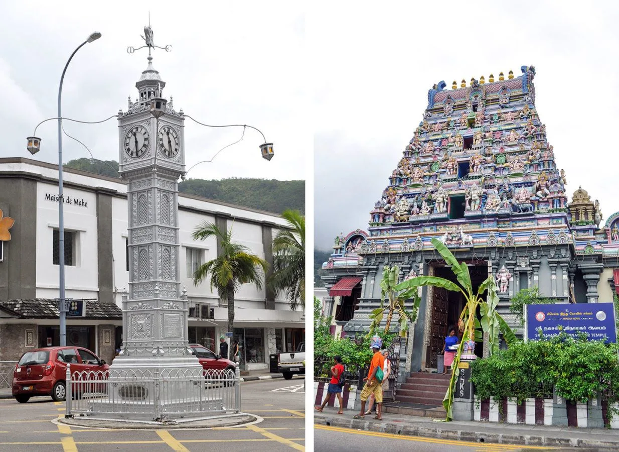 The Victoria Clocktower and Hindu Temple in Mahé