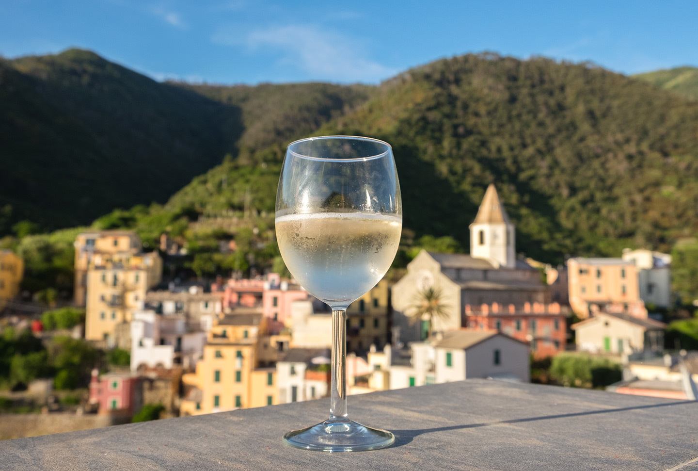 Wine at sunset on the roof of our Cinque Terre apartment