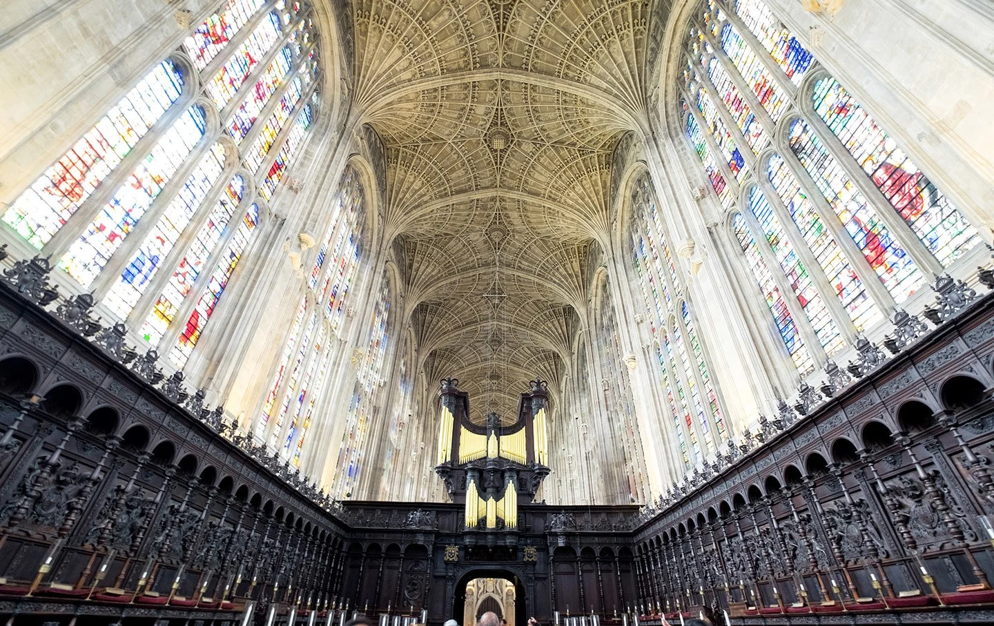 The fan-vaulted ceiling of King's College Chapel in Cambridge