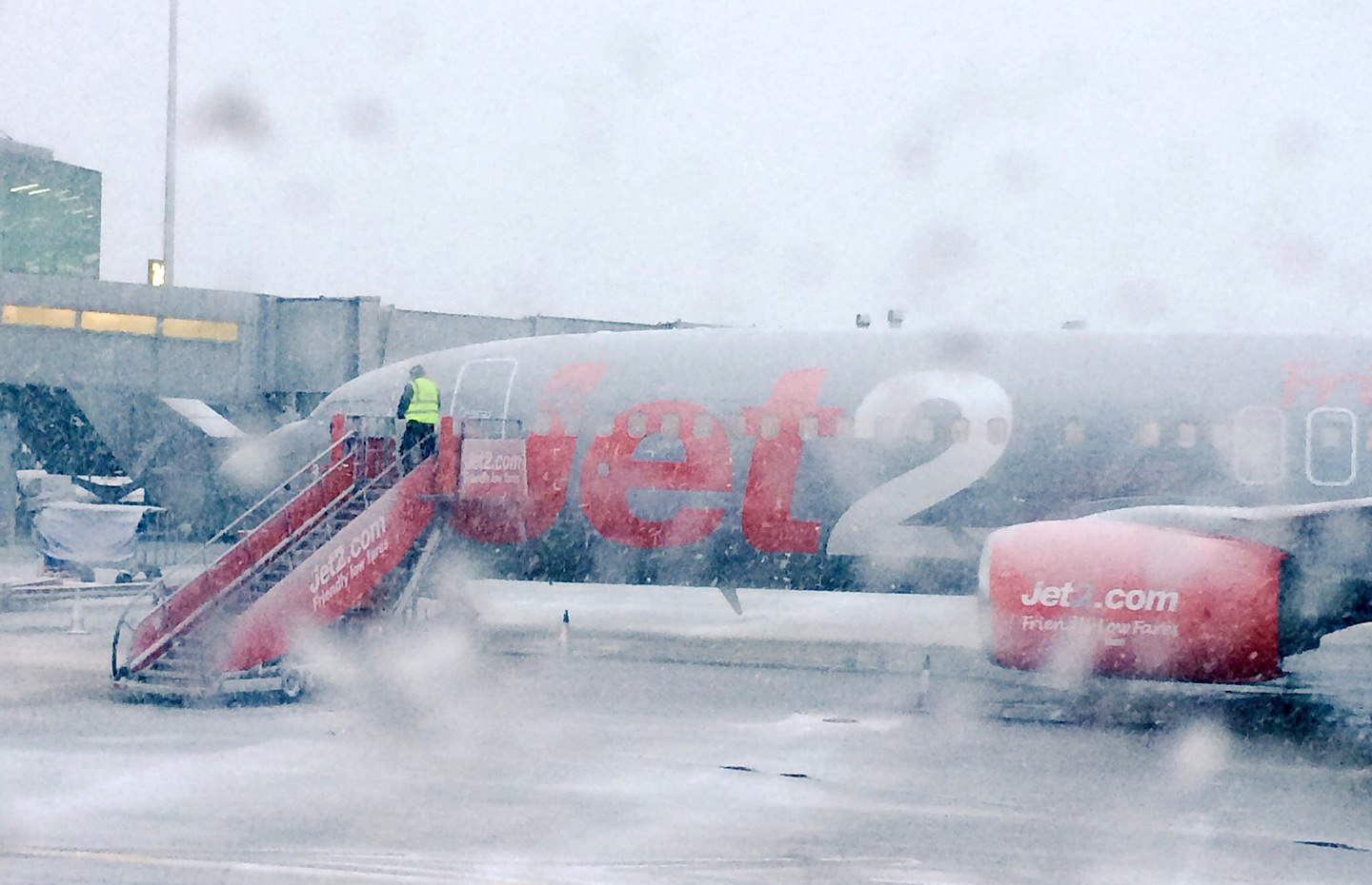 Jet2 plane on the runway in the snow