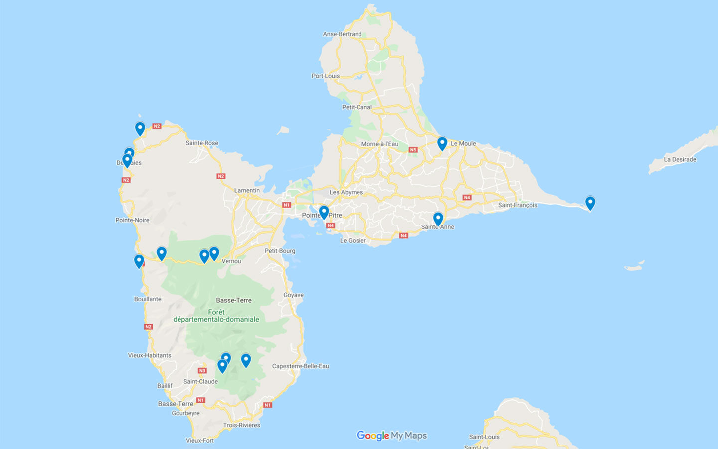 Map of things to do in Guadeloupe, French Caribbean