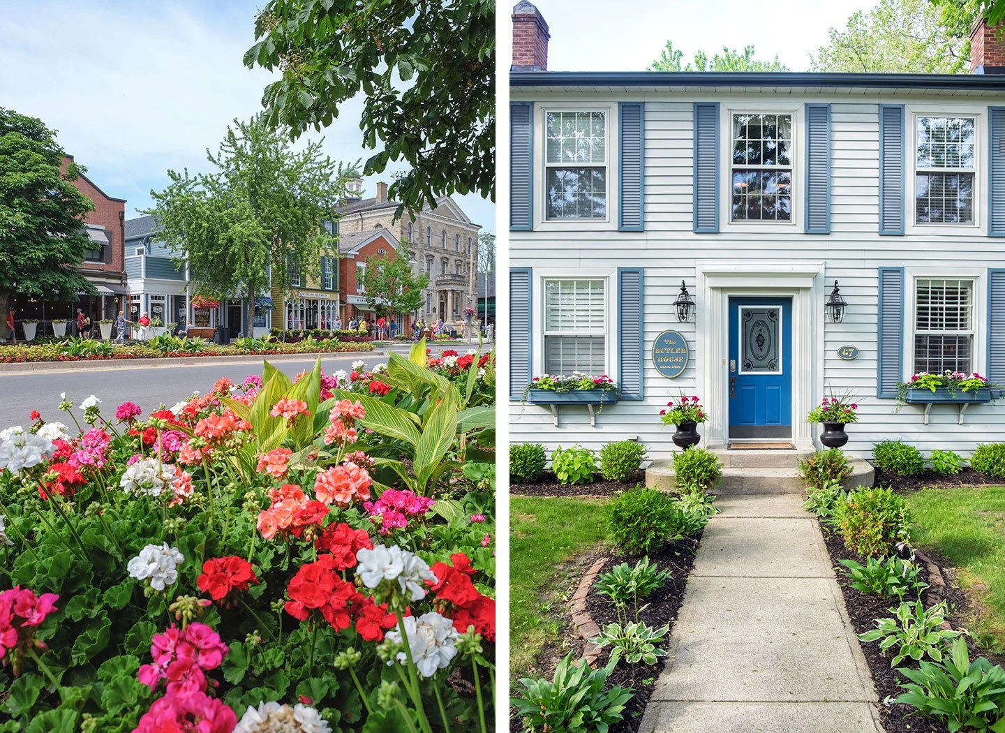 Colourful flowers and historic houses in Niagara on the Lake