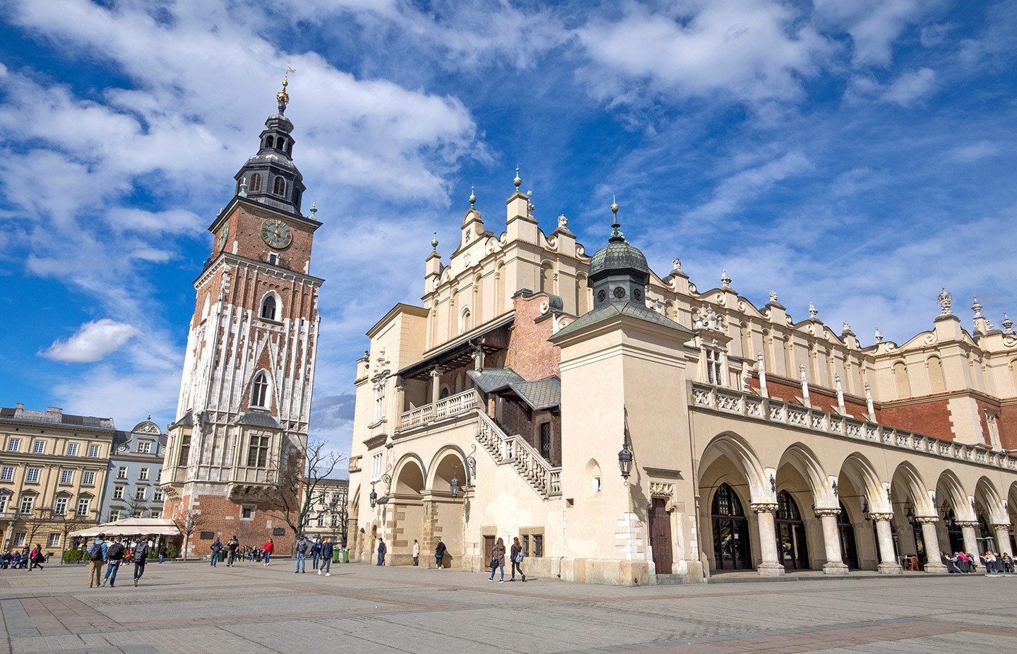 The Sukiennice and Old Town Tower in Rynek Glowny in Krakow