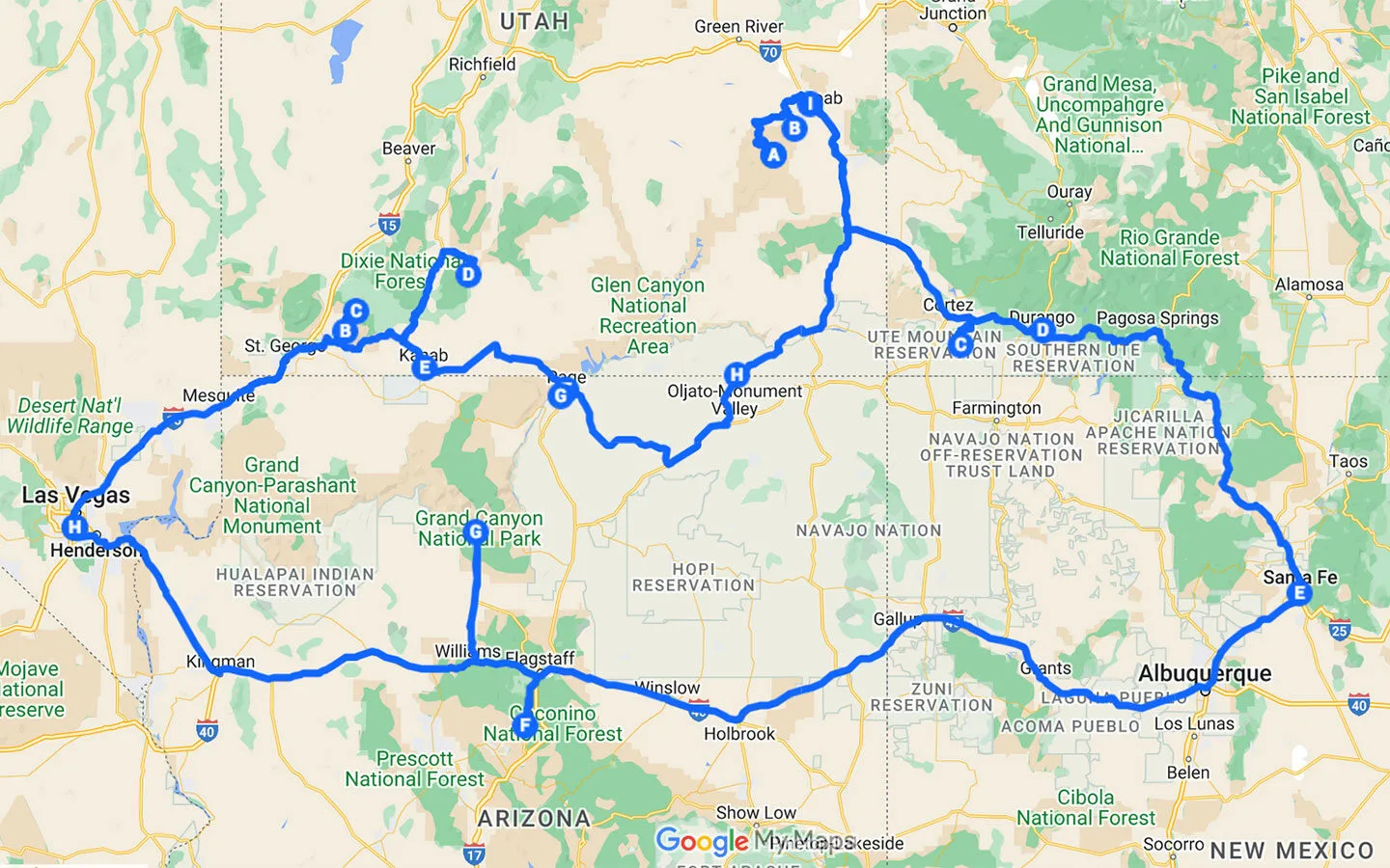 A two-week Southwest USA road trip itinerary map