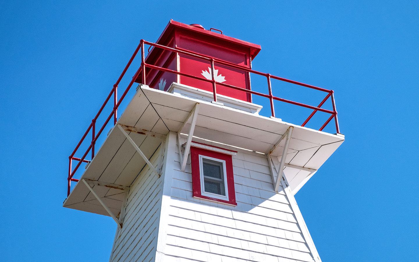Red and white lighthouse against a blue sky in PEI, Canada