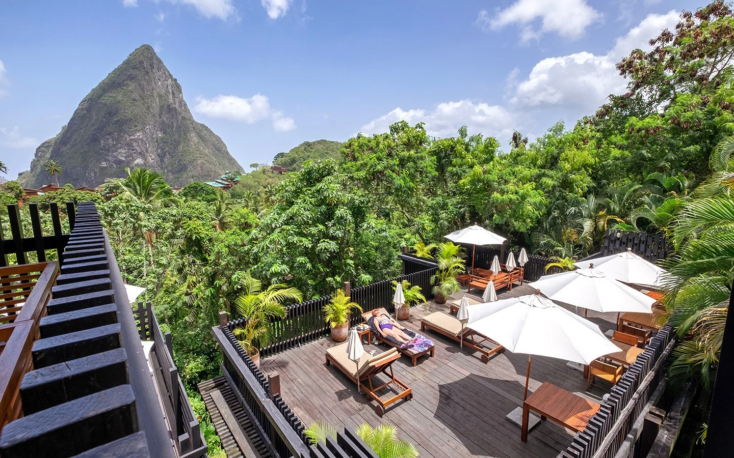 The Rabot Hotel by Hotel Chocolat hotel in Soufrière, St Lucia, with views of the Pitons