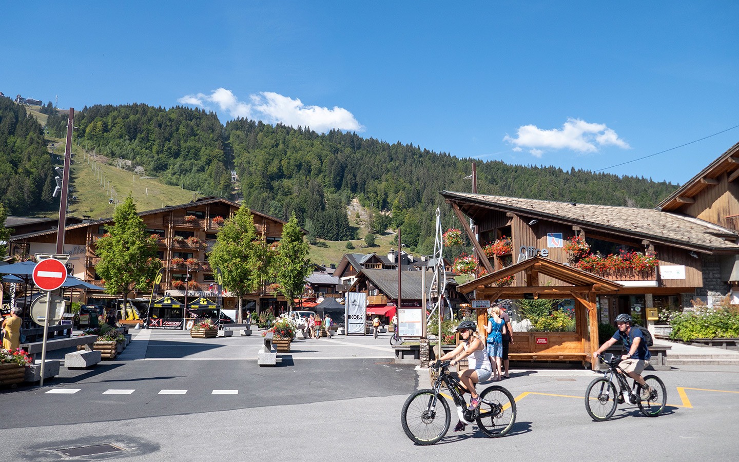 Bikers in the town of Morzine in the French Alps