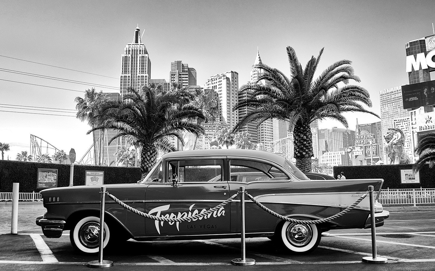 Vintage Chevy car outside the Tropicana hotel and casino in Las Vegas