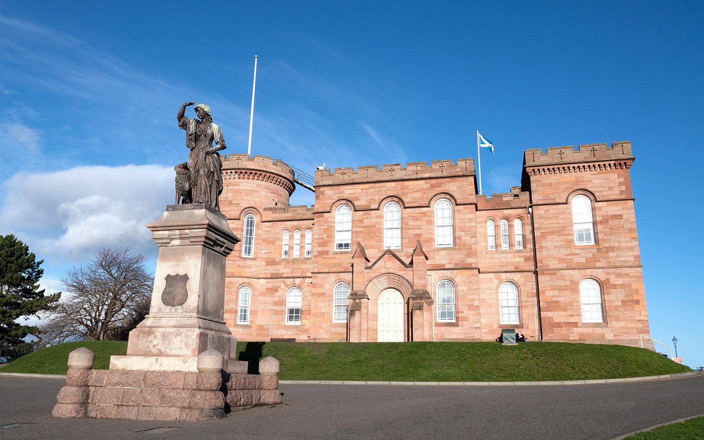 Outside Inverness Castle and statue of Flora MacDonald in Scotland by train 