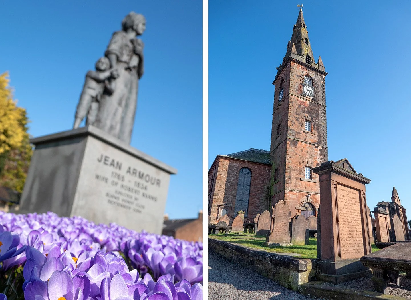 Jean Armour statue and St Michael's Church in Dumfries