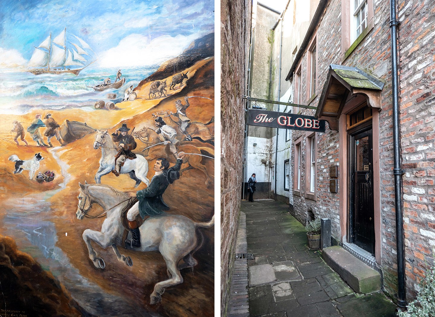 The Globe Inn in Dumfries and paintings depicting Burns poems outside