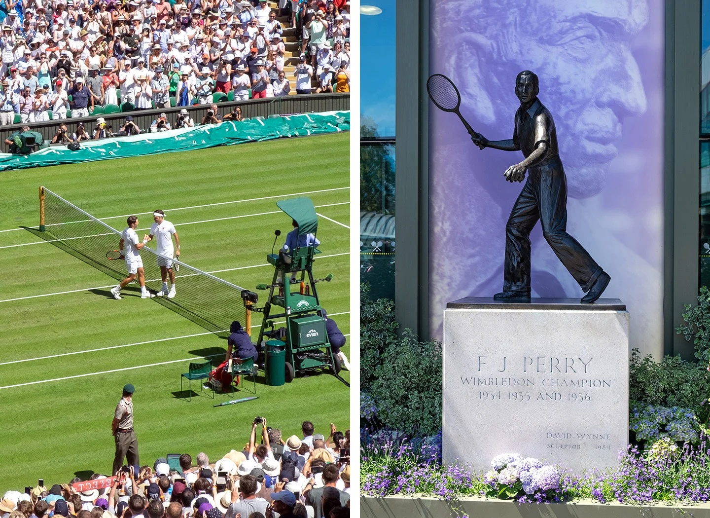 Centre court action and Fred Perry statue at Wimbledon