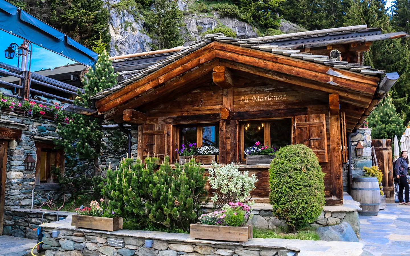 Wooden mountain restaurant in the Swiss Alps
