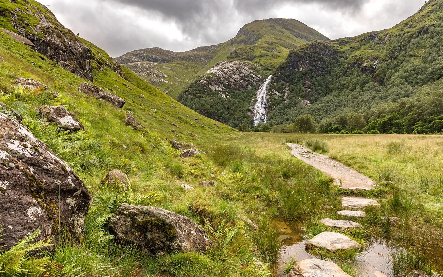 The path the Steall Waterfall near Fort William in Scotland