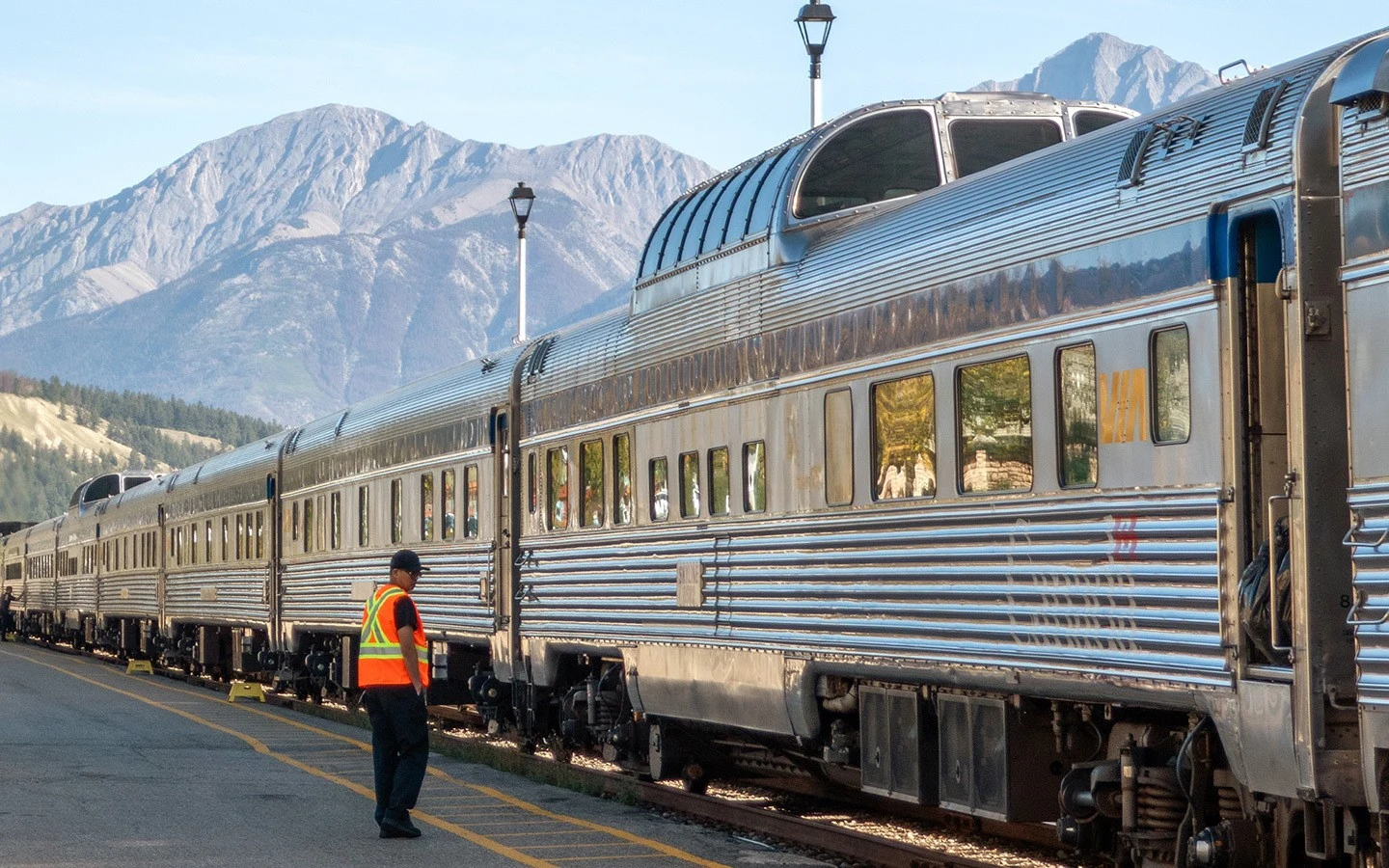 The Canadian train across Canada arrives into Jasper