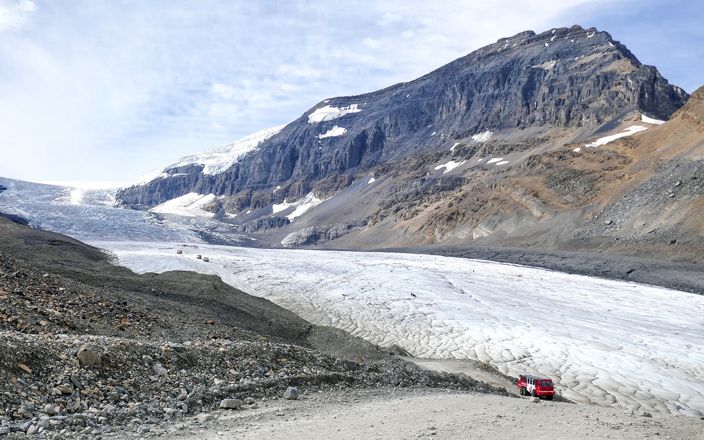 A Columbia Icefields tour in the Canadian Rockies – on board an ice explorer for a glacier walk on the surface of the Athabasca Glacier.