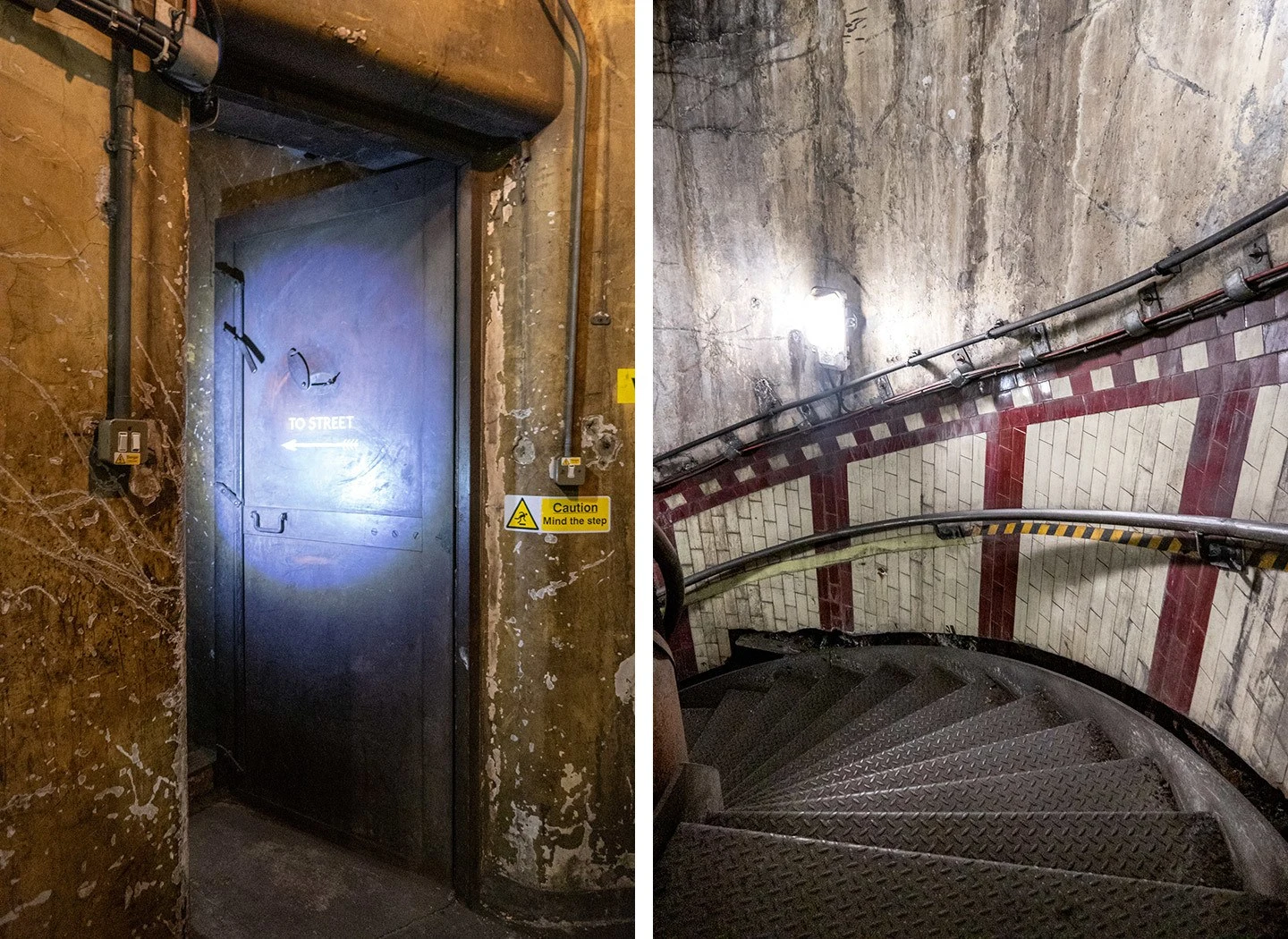 Doorway and spiral staircases leading into abandoned London Tube station