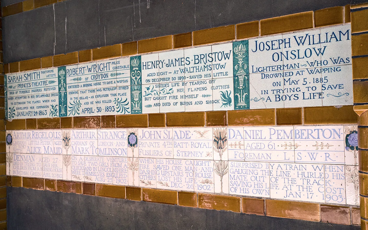 Memorial plaques at Postman's Park on a self-guided London film locations walking tour 