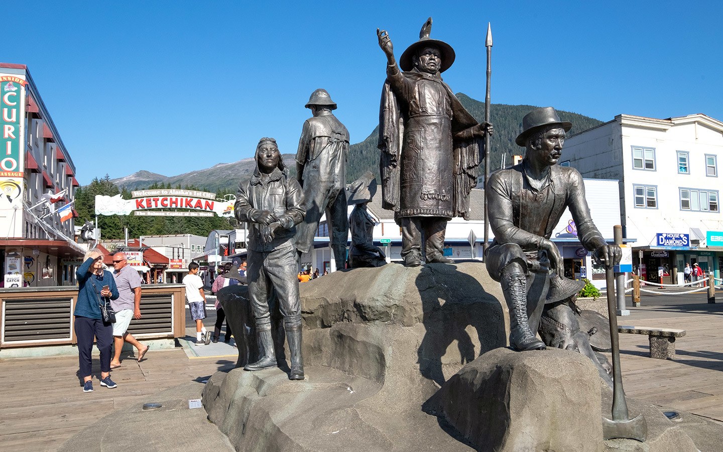 Statue of historic figures in Ketchikan Alaska