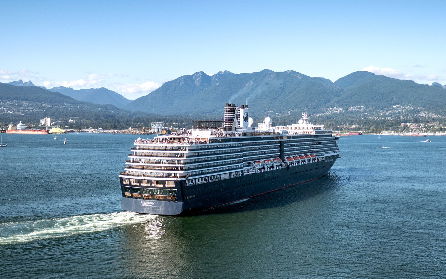 A Holland America ship sailing out of Vancouver
