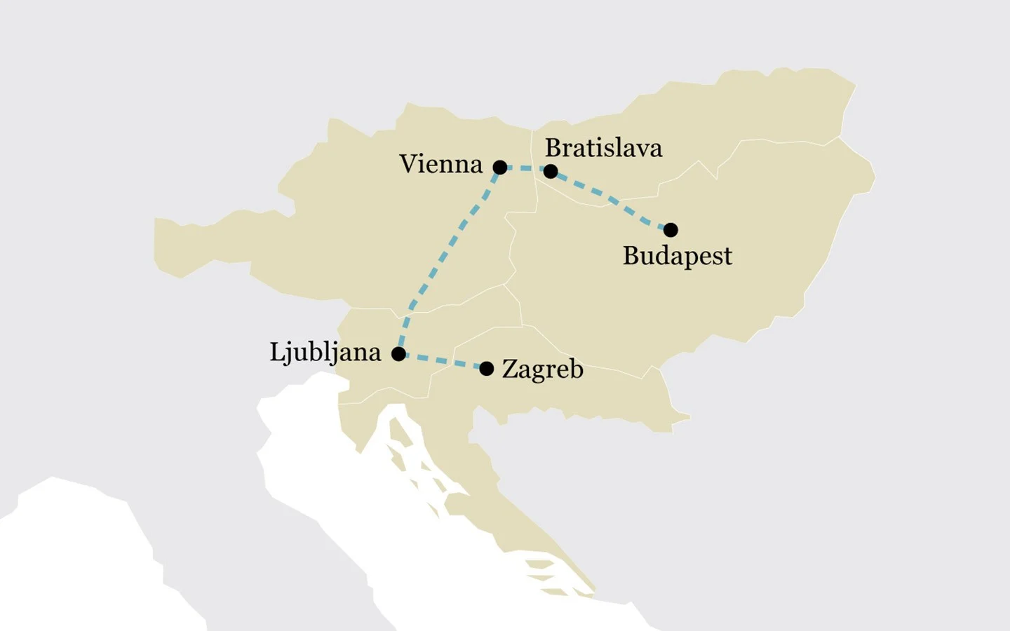 Eastern Europe by train route map