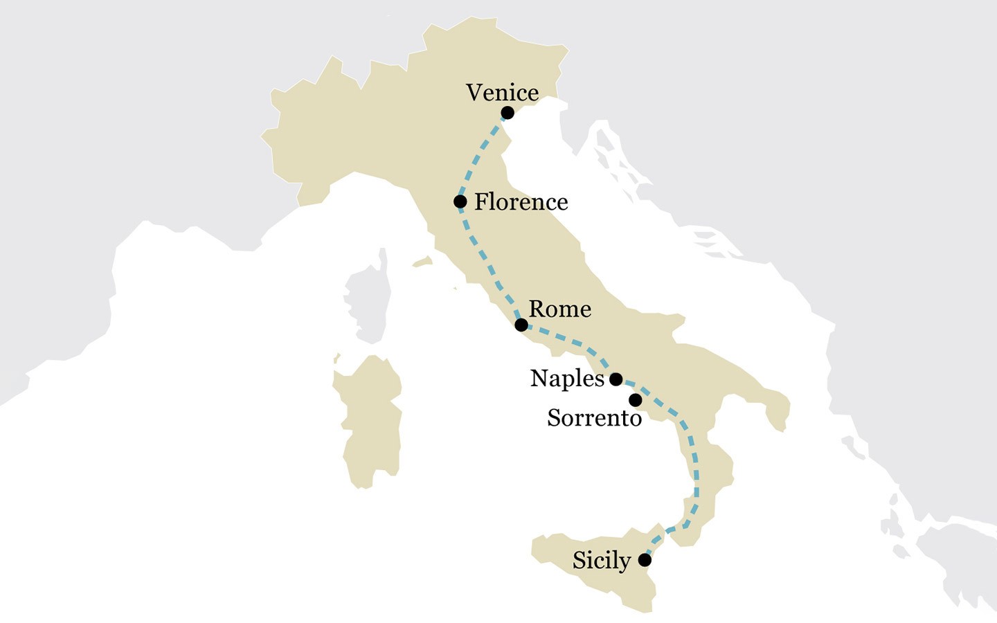 One-week Italy by train itinerary map