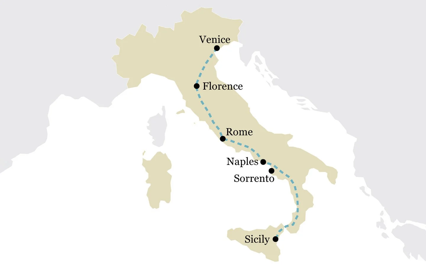 One-week Italy by train itinerary map